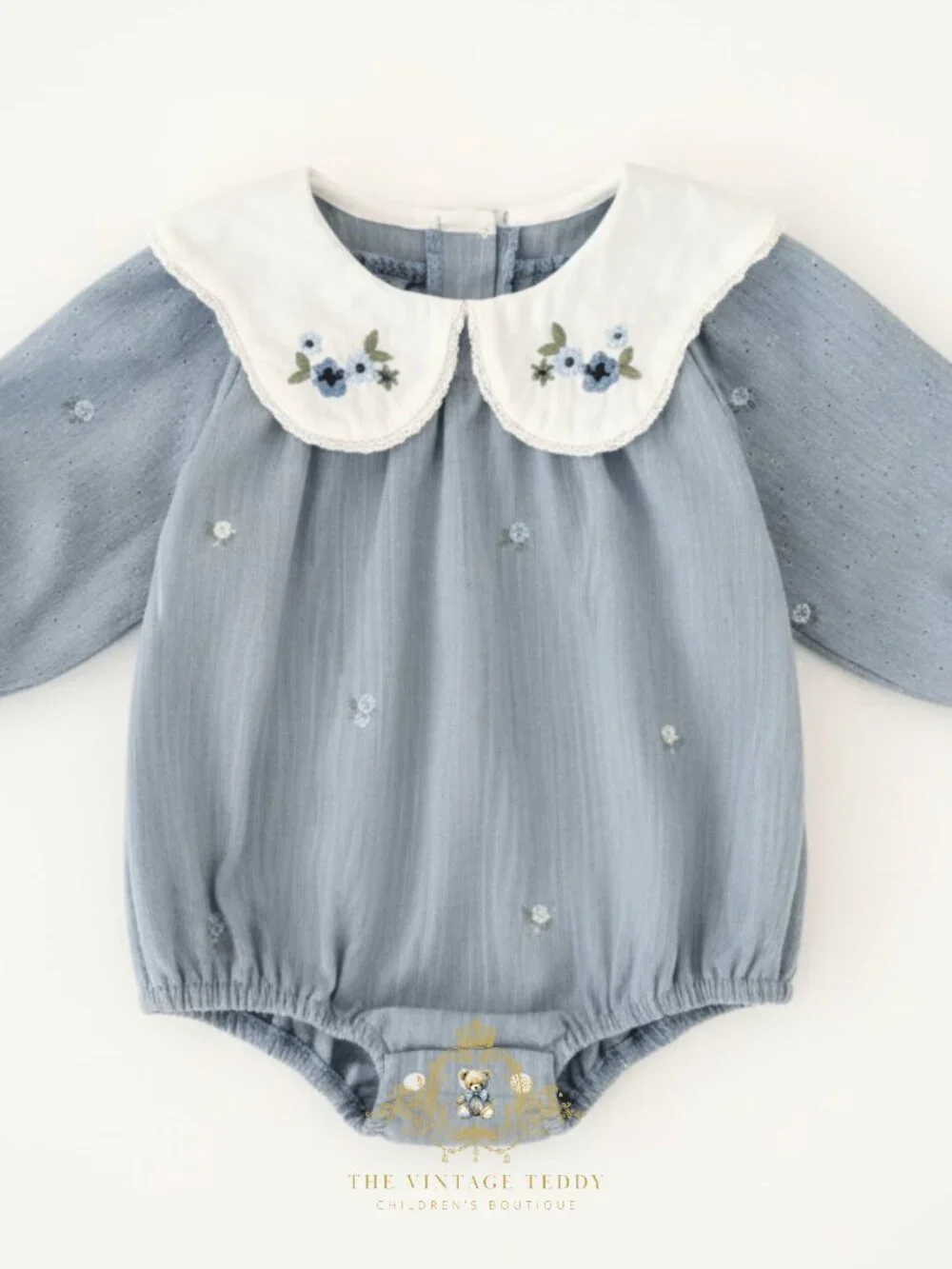 NWT Pretty Girls Floral Embroidered Bib Collar Long Sleeve Romper Corduroy 6-9M